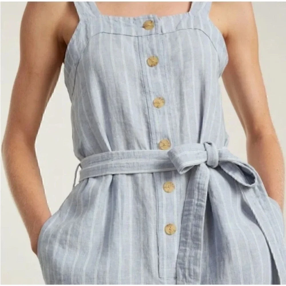 Everlane Women's Linen Jumpsuit Sz 14 Gray White Stripe Tie Waist Sleeveless NWT